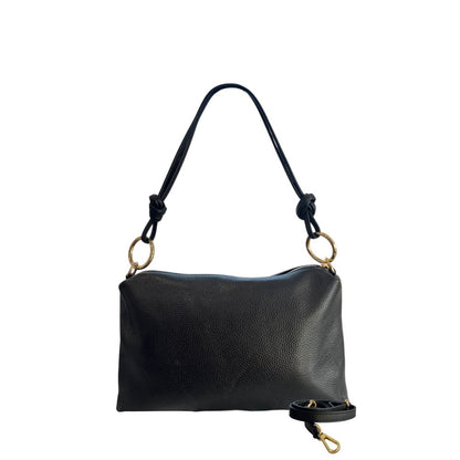 Shoulder Clutch Handbag by Baldinini Trend for women in cowhide black & gold showcases a sculptural silhouette, featuring a secure zipper, ample built-in-compartments, and versatile shoulder-strap for a sculptural aesthetic.