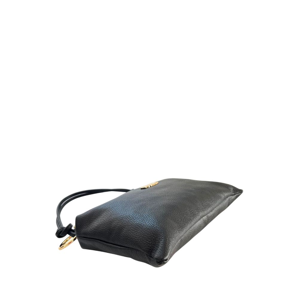 Shoulder Clutch Handbag by Baldinini Trend for women in cowhide black & gold features a sculptural silhouette with a secure zipper, organized built-in-compartments, and versatile shoulder-strap for a sculptural finish.