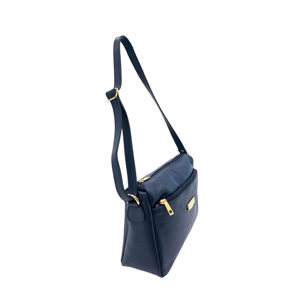 Crossbody Handbag by Baldinini Trend for women in cowhide blue & gold features a multifaceted silhouette, showcasing a secure zipper and multifaceted built-in-compartments & external-pockets with versatile crossbody-strap, shoulder-strap & adjustable-strap for multifaceted style.
