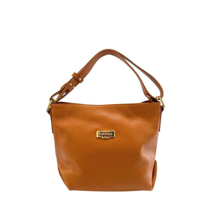 Shoulder Clutch Handbag by Baldinini Trend for women in cowhide brown & gold features a architectural silhouette, showcasing a secure zipper, ample built-in-compartments, and versatile shoulder-strap & adjustable-strap for a architectural finish.