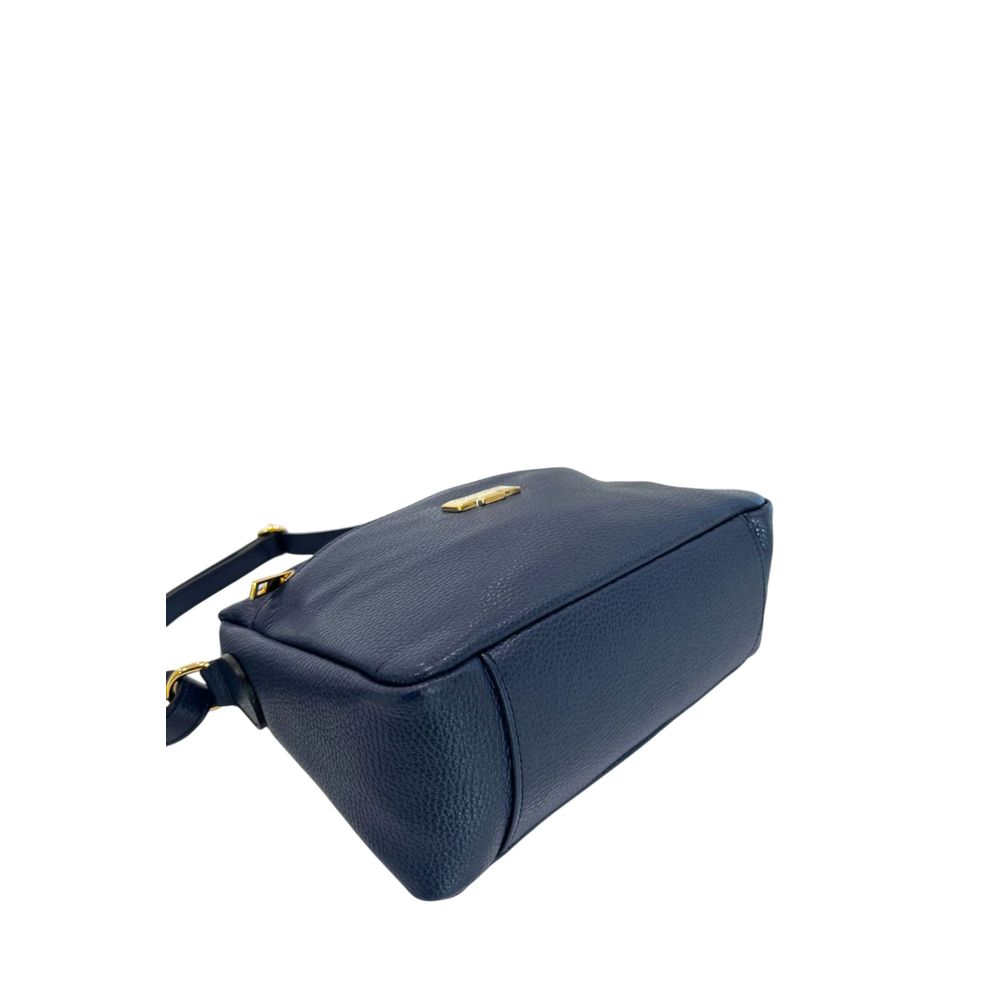 Crossbody Handbag by Baldinini Trend for women in cowhide blue & gold features a versatile chic silhouette, meticulously detailed with a secure zipper, ample built-in-compartments & external-pockets, and versatile crossbody-strap, shoulder-strap & adjustable-strap.