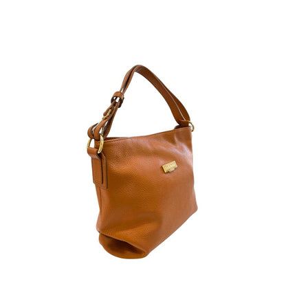 Shoulder Clutch Handbag by Baldinini Trend for women in cowhide brown & gold features a statuesque silhouette, showcasing a secure zipper and organized built-in-compartments with versatile shoulder-strap & adjustable-strap for statuesque evening wear.