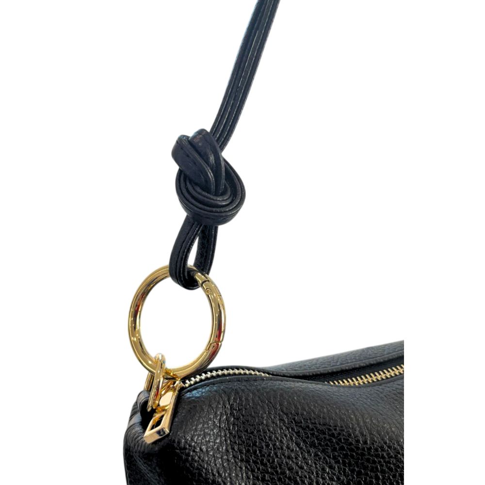 Shoulder Clutch Handbag by Baldinini Trend for women in cowhide black & gold features an sculptural silhouette, showcasing a secure zipper and sculptural built-in-compartments with versatile shoulder-strap for a sophisticated look.