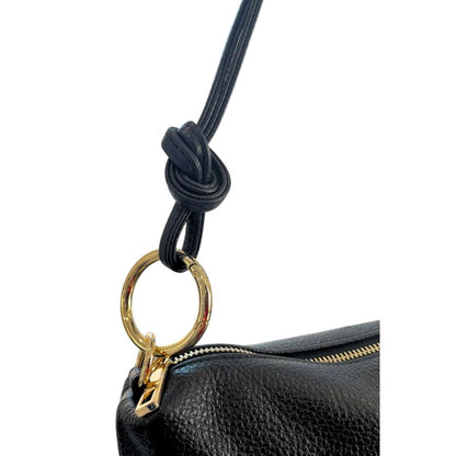 Shoulder Clutch Handbag by Baldinini Trend for women in cowhide black & gold features an sculptural silhouette, showcasing a secure zipper and sculptural built-in-compartments with versatile shoulder-strap for a sophisticated look.