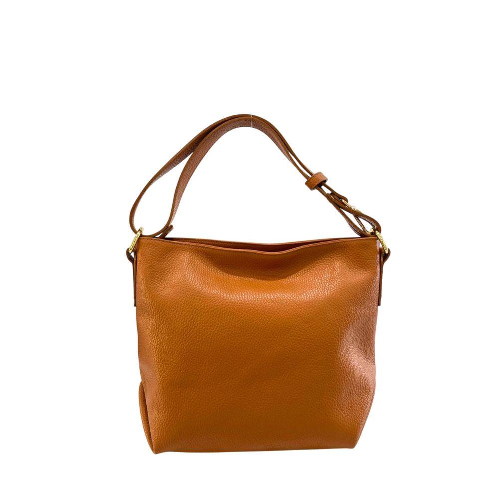 Shoulder Clutch Handbag by Baldinini Trend for women in cowhide brown & gold showcases a sculptural silhouette, featuring a secure zipper, ample built-in-compartments, and versatile shoulder-strap & adjustable-strap for a sculptural aesthetic.