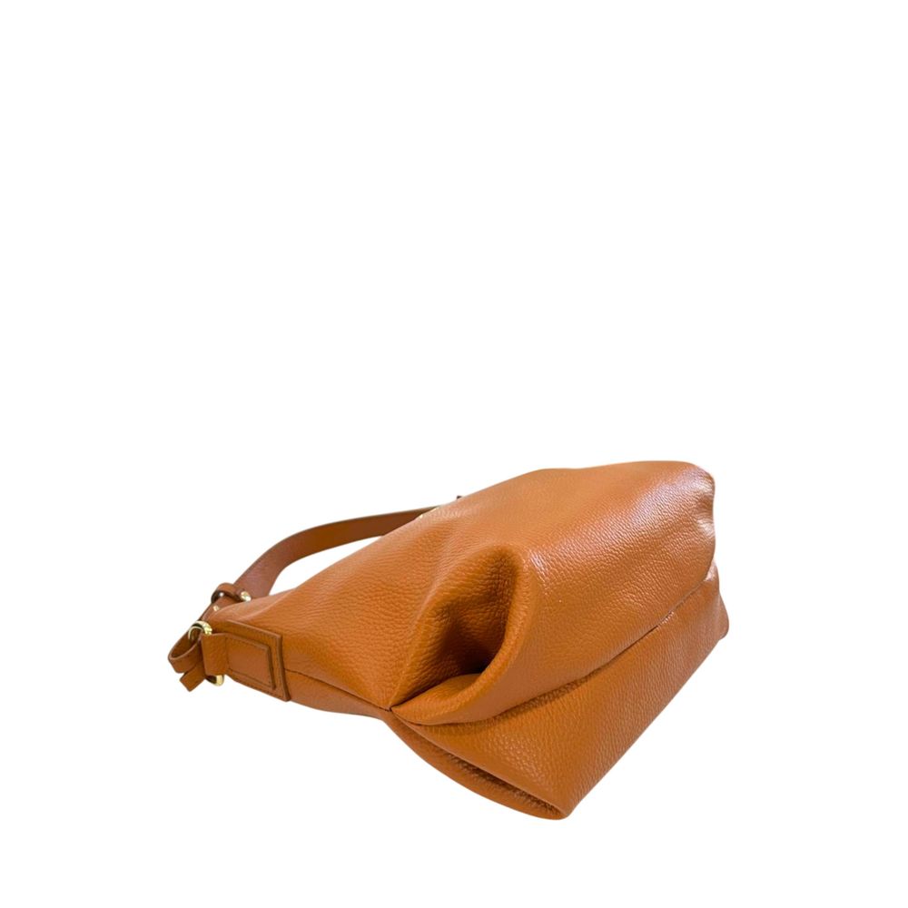 Shoulder Clutch Handbag by Baldinini Trend for women in cowhide brown & gold features a sculptural silhouette with a secure zipper, ample built-in-compartments, and versatile shoulder-strap & adjustable-strap for a sculptural finish.