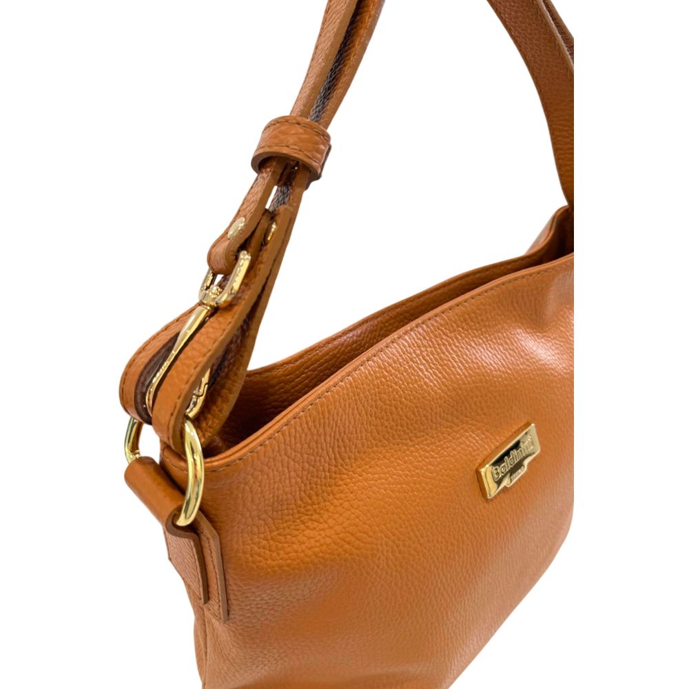 Shoulder Clutch Handbag by Baldinini Trend for women in cowhide brown & gold features a statuesque silhouette, showcasing a secure zipper and organized built-in-compartments with versatile shoulder-strap & adjustable-strap for statuesque evening wear.