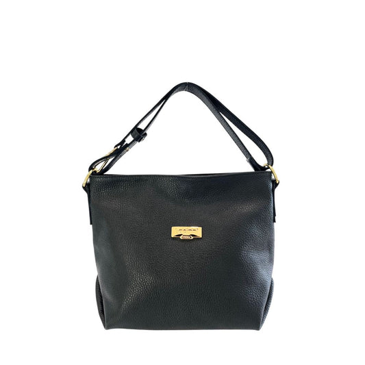 Shoulder Clutch Handbag by Baldinini Trend for women in cowhide black & gold features an sculptural silhouette, showcasing a secure zipper and sculptural built-in-compartments with versatile shoulder-strap & adjustable-strap for a sophisticated look.