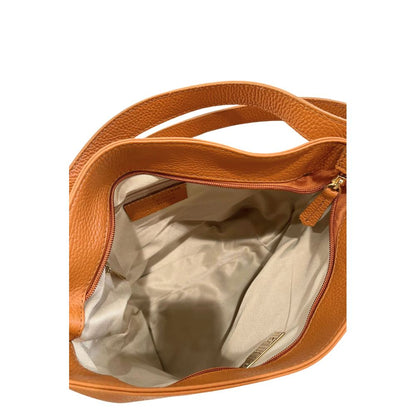 Shoulder Clutch Handbag by Baldinini Trend for women in cowhide brown & gold features an sculptural silhouette, showcasing a secure zipper and sculptural built-in-compartments with versatile shoulder-strap & adjustable-strap for a sophisticated look.