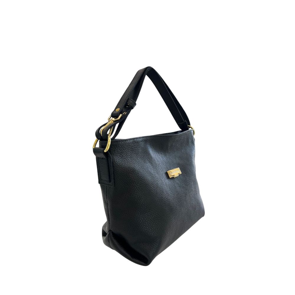 Shoulder Clutch Handbag by Baldinini Trend for women in cowhide black & gold showcases a sculptural silhouette, featuring a secure zipper, ample built-in-compartments, and versatile shoulder-strap & adjustable-strap for a sculptural aesthetic.