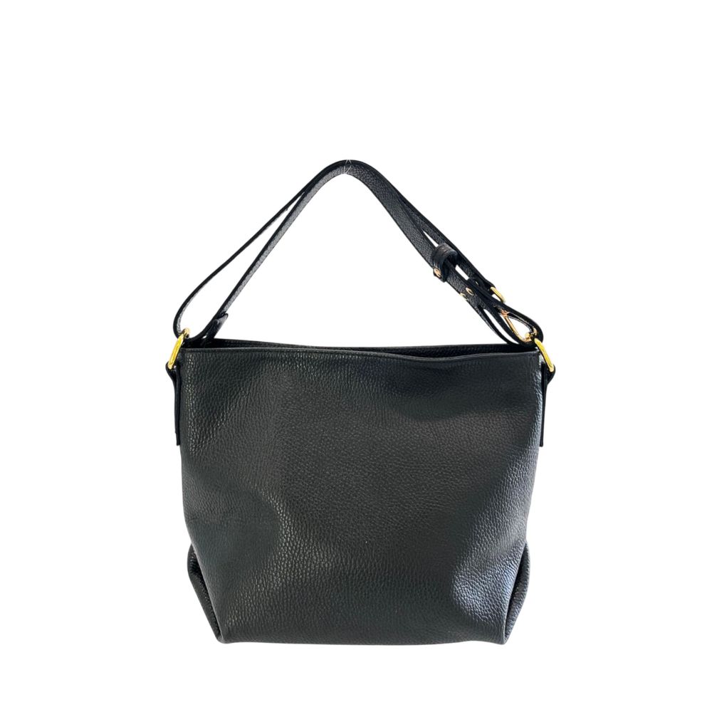 Shoulder Clutch Handbag by Baldinini Trend for women in cowhide black & gold showcases a sculptural silhouette, featuring a secure zipper, ample built-in-compartments, and versatile shoulder-strap & adjustable-strap for a sculptural finish.