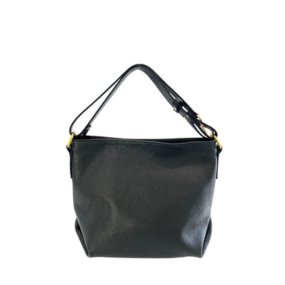 Shoulder Clutch Handbag by Baldinini Trend for women in cowhide black & gold showcases a sculptural silhouette, featuring a secure zipper, ample built-in-compartments, and versatile shoulder-strap & adjustable-strap for a sculptural finish.
