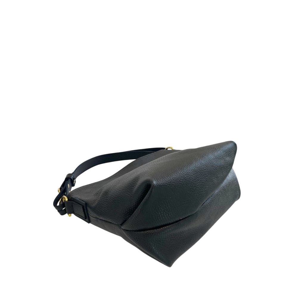 Shoulder Clutch Handbag by Baldinini Trend for women in cowhide black & gold showcases a sculptural silhouette, featuring a secure zipper, ample built-in-compartments, and versatile shoulder-strap & adjustable-strap for a sculptural finish.