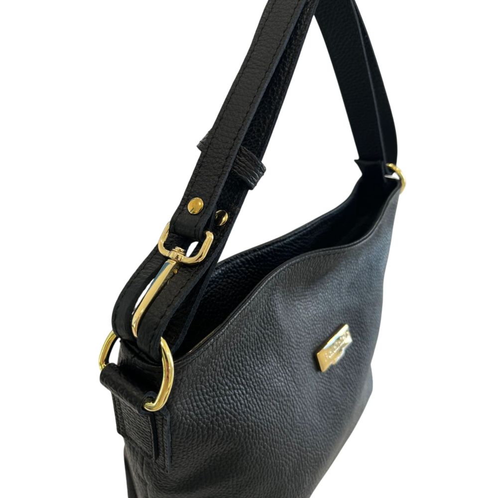 Shoulder Clutch Handbag by Baldinini Trend for women in cowhide black & gold features a sculptural silhouette with a secure zipper, organized built-in-compartments, and versatile shoulder-strap & adjustable-strap for a sculptural finish.
