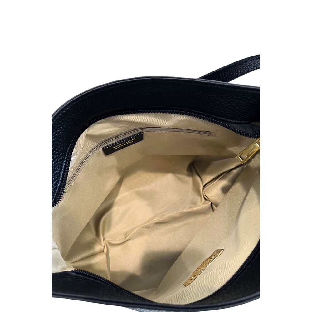 Shoulder Clutch Handbag by Baldinini Trend for women in cowhide black & gold features an sculptural silhouette, showcasing a secure zipper and sculptural built-in-compartments with versatile shoulder-strap & adjustable-strap for a sophisticated look.