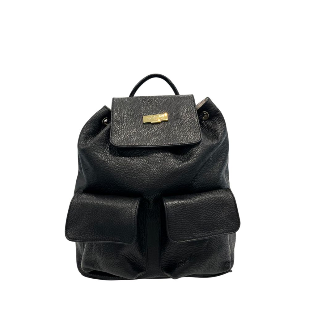 Drawstring Flap Backpack by Baldinini Trend for women in cowhide black & gold showcases an architectural Cowhide Drawstring Flap Backpack design, featuring a secure flap, drawstring, magnetic & button, ample built-in-compartments, and architectural backpack-strap & adjustable-strap for a sophisticated look.
