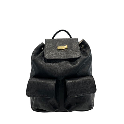Drawstring Flap Backpack by Baldinini Trend for women in cowhide black & gold showcases an architectural Cowhide Drawstring Flap Backpack design, featuring a secure flap, drawstring, magnetic & button, ample built-in-compartments, and architectural backpack-strap & adjustable-strap for a sophisticated look.