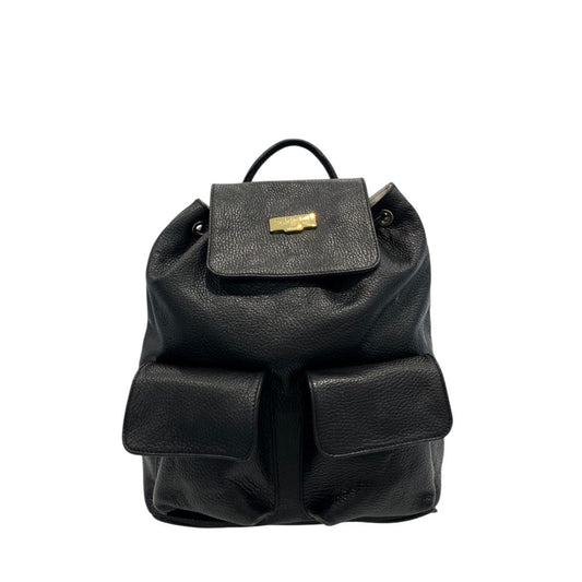 Drawstring Flap Backpack by Baldinini Trend for women in cowhide black & gold showcases an architectural Cowhide Drawstring Flap Backpack design, featuring a secure flap, drawstring, magnetic & button, ample built-in-compartments, and architectural backpack-strap & adjustable-strap for a sophisticated look.