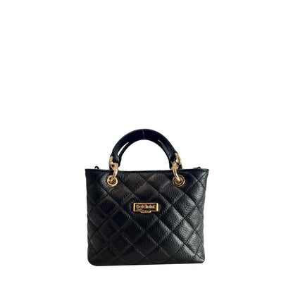 Mini Shoulder Flap Bag by Baldinini Trend for women in cowhide black & gold features a stately silhouette, showcasing a secure flap, magnetic & button, ample built-in-compartments, and stately shoulder-strap & adjustable-strap for a stately finish.