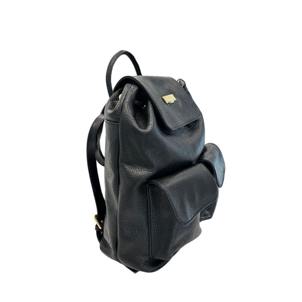Drawstring Flap Backpack by Baldinini Trend for women in cowhide black & gold showcases a stately Cowhide Drawstring Flap Backpack design, featuring a secure flap, drawstring, magnetic & button with stately built-in-compartments and versatile backpack-strap & adjustable-strap.