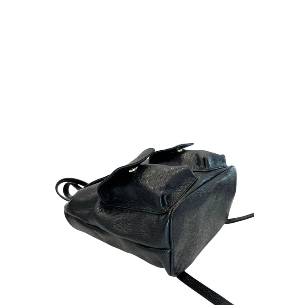 Drawstring Flap Backpack by Baldinini Trend for women in cowhide black & gold features a refined silhouette, showcasing the Cowhide Drawstring Flap Backpack design with a secure flap, drawstring, magnetic & button, ample built-in-compartments, and versatile backpack-strap & adjustable-strap.