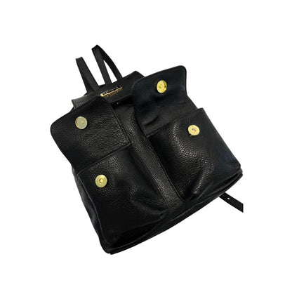 Drawstring Flap Backpack by Baldinini Trend for women in cowhide black & gold presents a stately Cowhide Drawstring Flap Backpack design, showcasing a secure flap, drawstring, magnetic & button with ample built-in-compartments and versatile backpack-strap & adjustable-strap for a stately finish.