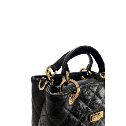 Mini Shoulder Flap Bag by Baldinini Trend for women in cowhide black & gold features a statuesque silhouette, showcasing a secure flap, magnetic & button and statuesque built-in-compartments with versatile shoulder-strap & adjustable-strap for a statuesque finish.