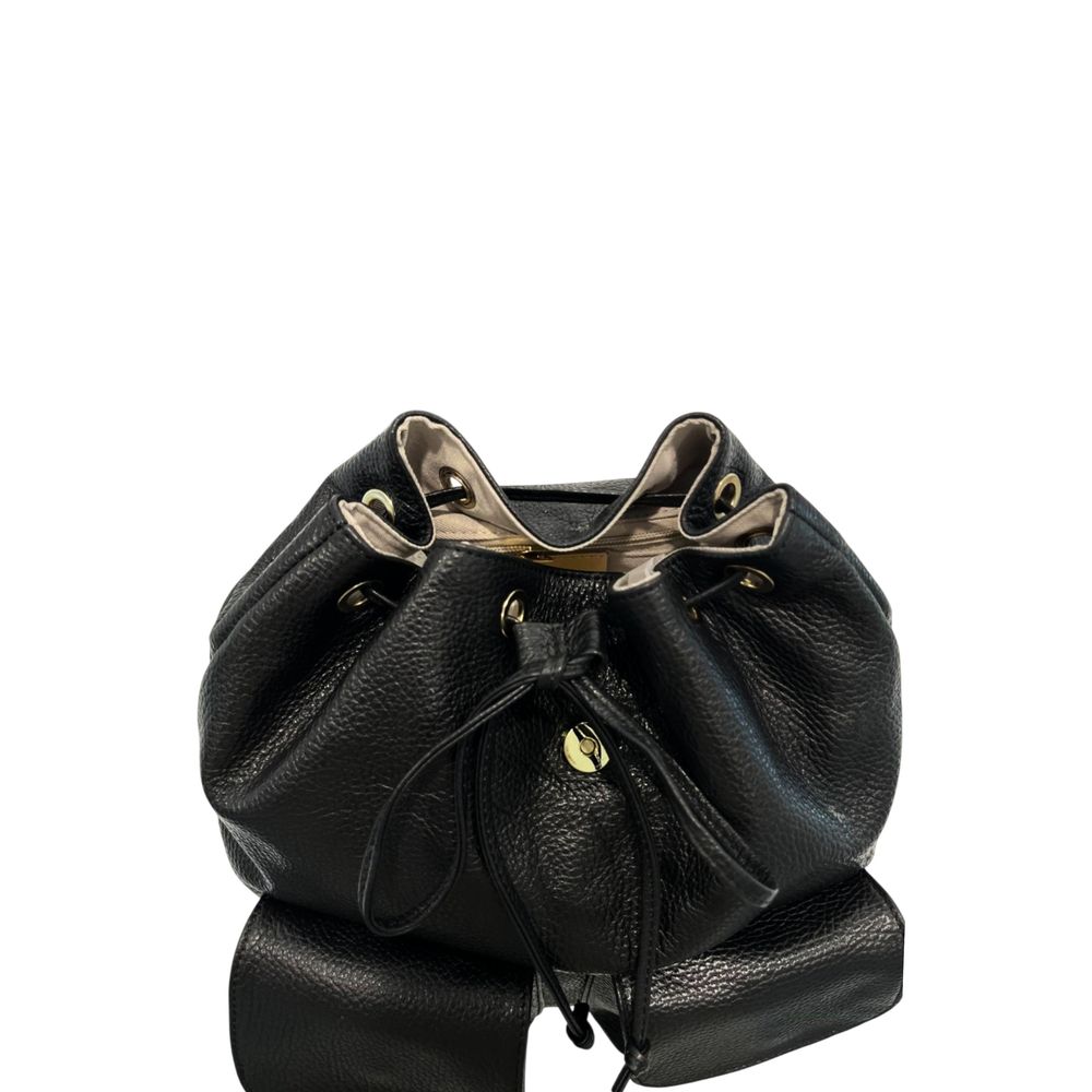 Drawstring Flap Backpack by Baldinini Trend for women in cowhide black & gold features a refined silhouette, showcasing the Cowhide Drawstring Flap Backpack design with a secure flap, drawstring, magnetic & button, ample built-in-compartments, and versatile backpack-strap & adjustable-strap.