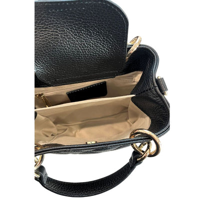 Mini Shoulder Flap Bag by Baldinini Trend for women in cowhide black & gold features an effortlessly chic silhouette with a secure flap, magnetic & button, ample built-in-compartments, and versatile shoulder-strap & adjustable-strap for effortlessly chic everyday luxury.
