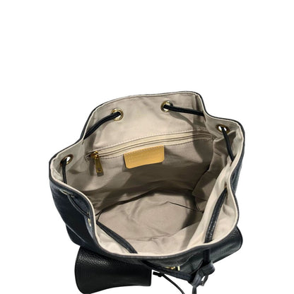 Drawstring Flap Backpack by Baldinini Trend for women in cowhide black & gold features an stately silhouette from the Cowhide Drawstring Flap Backpack range, with a secure flap, drawstring, magnetic & button, ample built-in-compartments, and versatile backpack-strap & adjustable-strap.