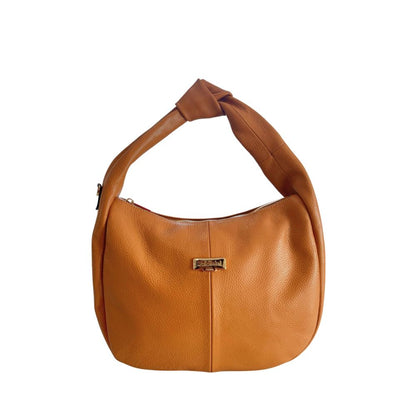 Shoulder Clutch Handbag by Baldinini Trend for women in cowhide brown & gold features an sculptural silhouette, showcasing a secure zipper and sculptural built-in-compartments with versatile shoulder-strap & adjustable-strap for a sophisticated look.