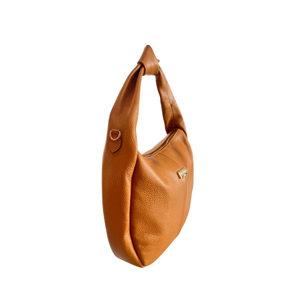 Shoulder Clutch Handbag by Baldinini Trend for women in cowhide brown & gold showcases a sculptural silhouette, featuring a secure zipper, ample built-in-compartments, and versatile shoulder-strap & adjustable-strap for a sculptural aesthetic.