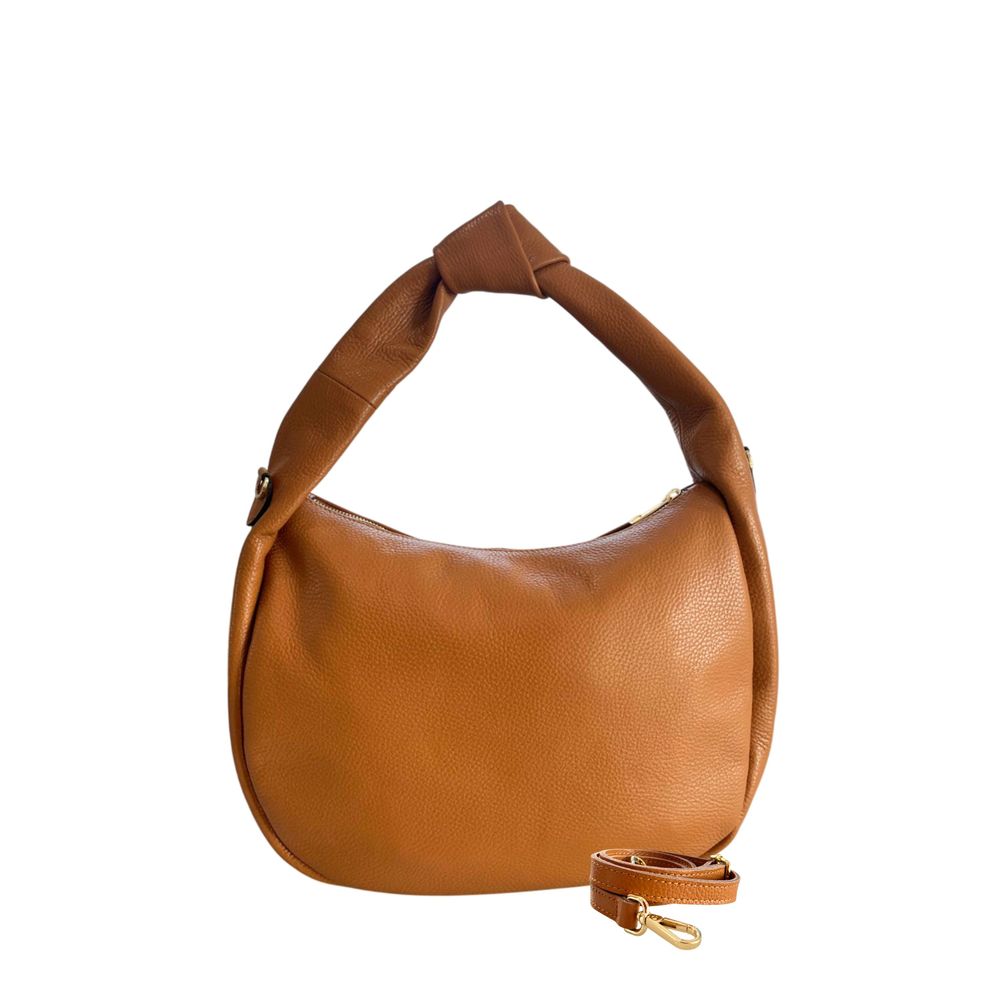 Shoulder Clutch Handbag by Baldinini Trend for women in cowhide brown & gold features a sculptural silhouette with a secure zipper, organized built-in-compartments, and versatile shoulder-strap & adjustable-strap for a sculptural finish.
