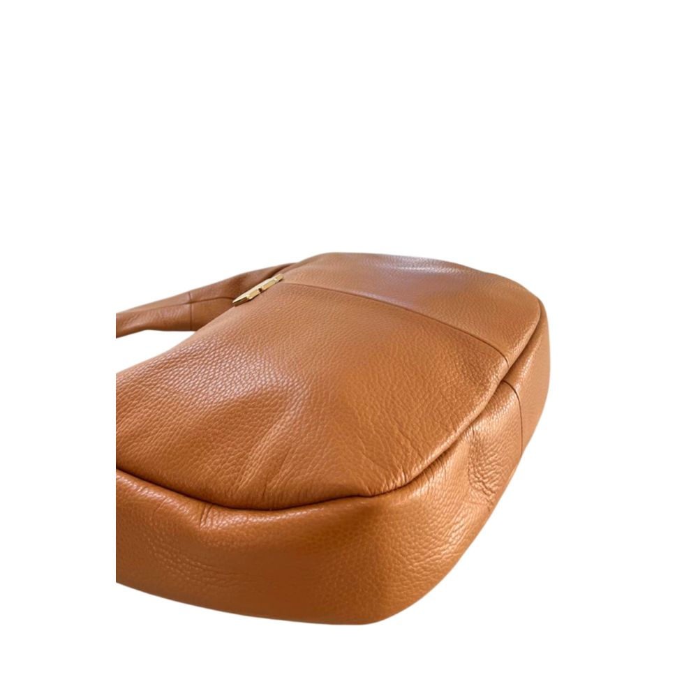 Shoulder Clutch Handbag by Baldinini Trend for women in cowhide brown & gold features a architectural silhouette, showcasing a secure zipper, ample built-in-compartments, and versatile shoulder-strap & adjustable-strap for a architectural finish.