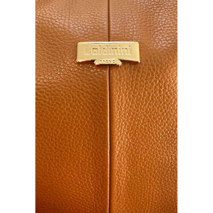 Shoulder Clutch Handbag by Baldinini Trend for women in cowhide brown & gold showcases a sculptural silhouette, featuring a secure zipper, ample built-in-compartments, and versatile shoulder-strap & adjustable-strap for a sculptural finish.