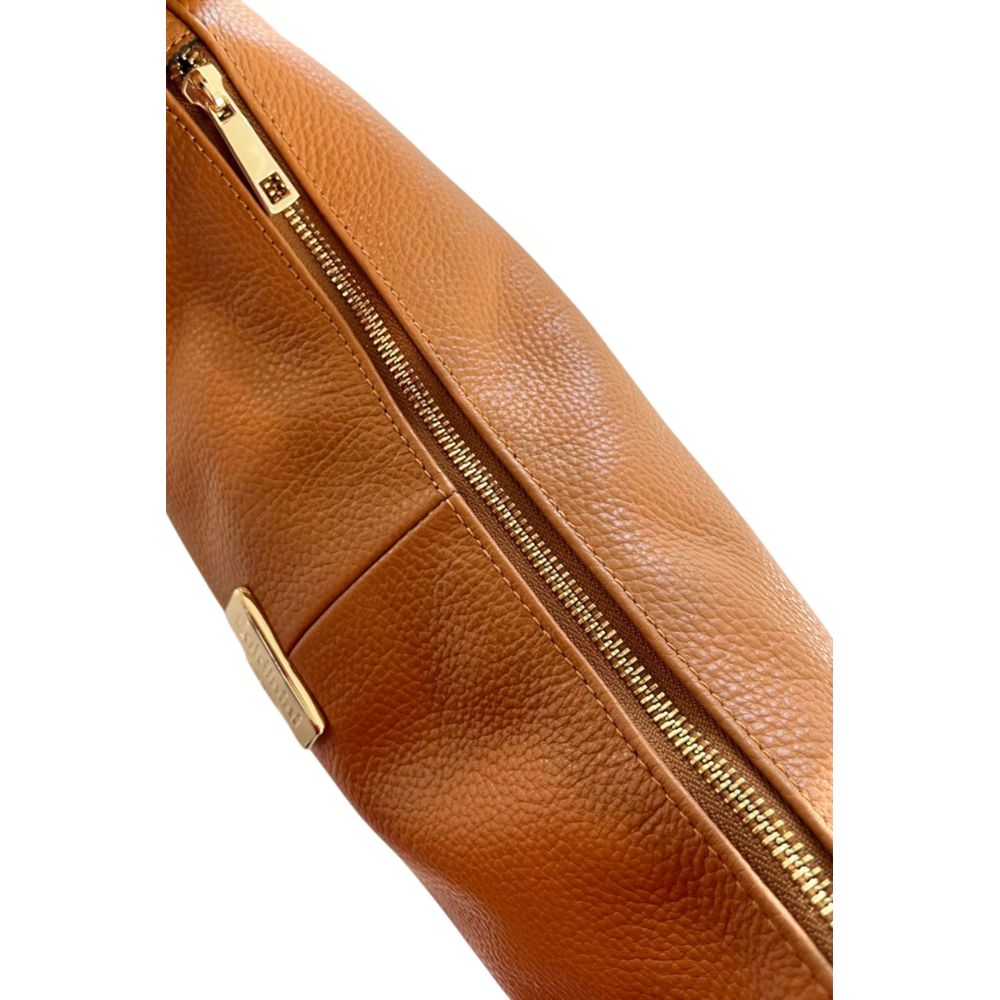 Shoulder Clutch Handbag by Baldinini Trend for women in cowhide brown & gold features a statuesque silhouette, showcasing a secure zipper and organized built-in-compartments with versatile shoulder-strap & adjustable-strap for statuesque evening wear.