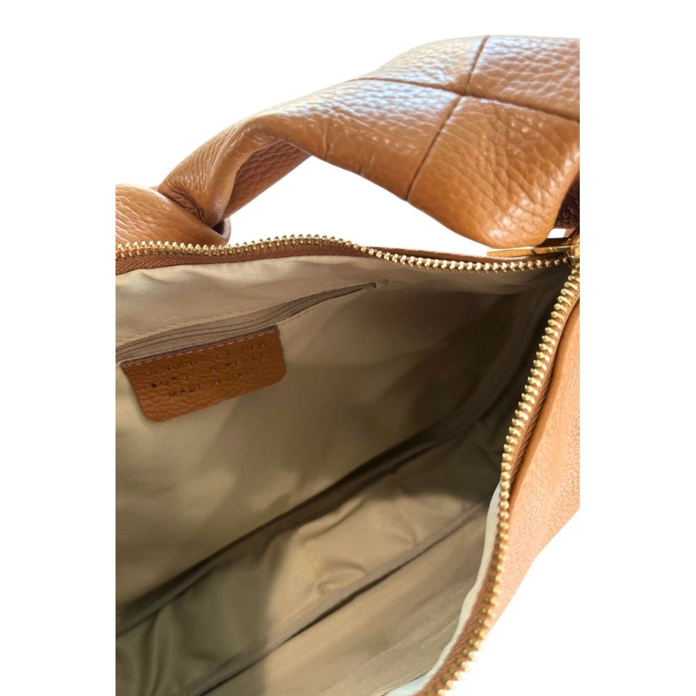 Shoulder Clutch Handbag by Baldinini Trend for women in cowhide brown & gold features a architectural silhouette, showcasing a secure zipper, ample built-in-compartments, and versatile shoulder-strap & adjustable-strap for a architectural finish.
