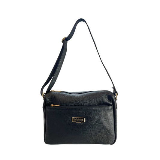 Crossbody Handbag by Baldinini Trend for women in cowhide black & gold features a transformative sophistication silhouette, showcasing a secure zipper, ample built-in-compartments & external-pockets, and versatile crossbody-strap, shoulder-strap & adjustable-strap for a transformative sophistication look.