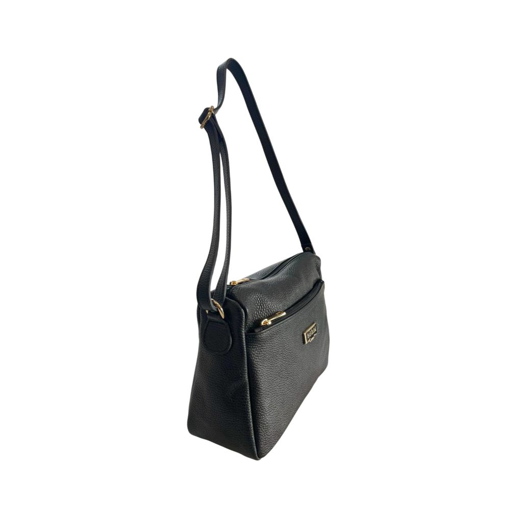Crossbody Handbag by Baldinini Trend for women in cowhide black & gold features a transformative elegance silhouette, showcasing a secure zipper, organized built-in-compartments & external-pockets, and versatile crossbody-strap, shoulder-strap & adjustable-strap for a transformative elegance look.