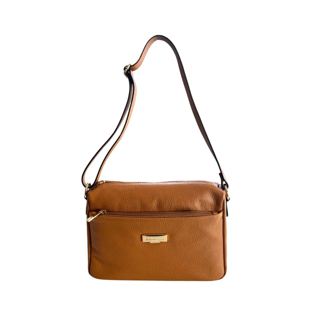 Crossbody Handbag by Baldinini Trend for women in cowhide brown & gold features a versatile chic silhouette, meticulously detailed with a secure zipper, ample built-in-compartments & external-pockets, and versatile crossbody-strap, shoulder-strap & adjustable-strap.