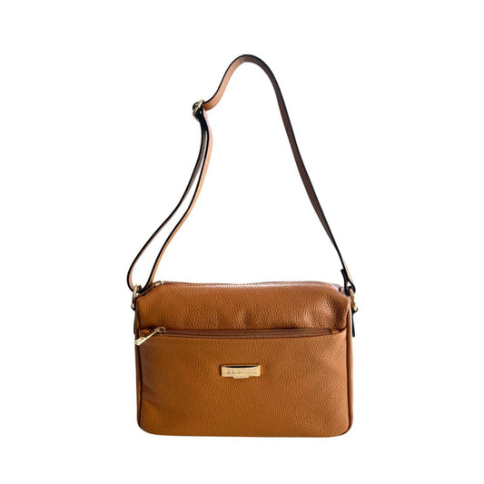Crossbody Handbag by Baldinini Trend for women in cowhide brown & gold features a versatile chic silhouette, meticulously detailed with a secure zipper, ample built-in-compartments & external-pockets, and versatile crossbody-strap, shoulder-strap & adjustable-strap.