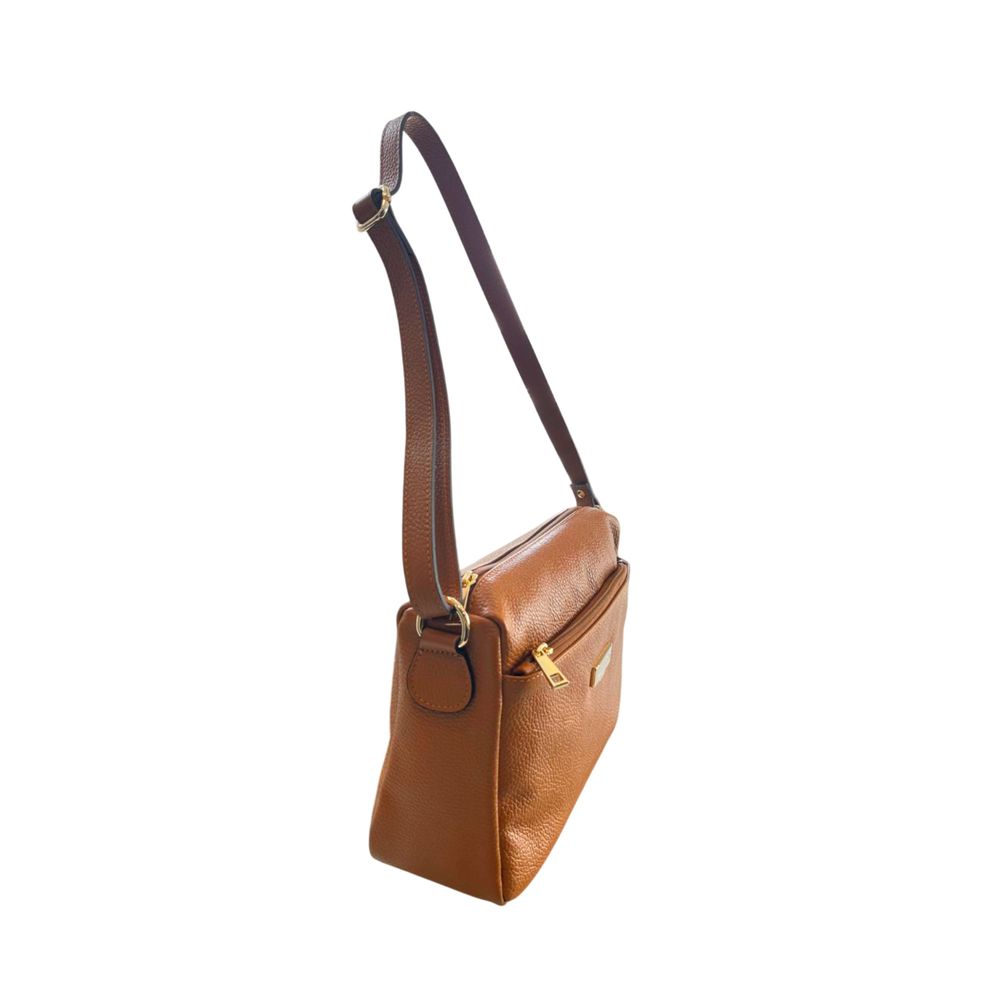 Crossbody Handbag by Baldinini Trend for women in cowhide brown & gold features an versatile silhouette, showcasing a secure zipper and versatile built-in-compartments & external-pockets with versatile crossbody-strap, shoulder-strap & adjustable-strap for a versatile finish.