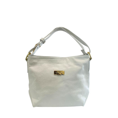 Shoulder Clutch Handbag by Baldinini Trend for women in cowhide gold & white features a statuesque silhouette, showcasing a secure zipper and organized built-in-compartments with versatile shoulder-strap & adjustable-strap for statuesque evening wear.