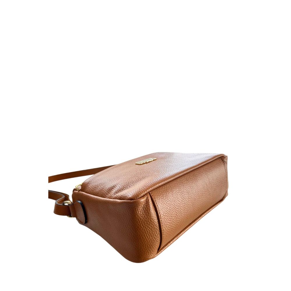 Crossbody Handbag by Baldinini Trend for women in cowhide brown & gold features a transformative elegance silhouette, showcasing a secure zipper, organized built-in-compartments & external-pockets, and versatile crossbody-strap, shoulder-strap & adjustable-strap for a transformative elegance look.