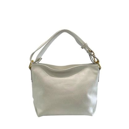 Shoulder Clutch Handbag by Baldinini Trend for women in cowhide gold & white features a sculptural silhouette with a secure zipper, ample built-in-compartments, and versatile shoulder-strap & adjustable-strap for a sculptural finish.