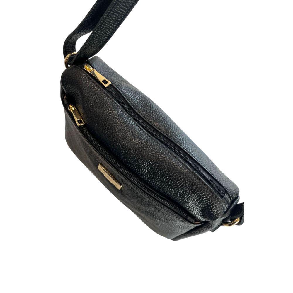 Crossbody Handbag by Baldinini Trend for women in cowhide black & gold features a versatile chic silhouette, meticulously detailed with a secure zipper, ample built-in-compartments & external-pockets, and versatile crossbody-strap, shoulder-strap & adjustable-strap.