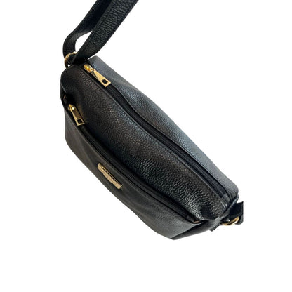 Crossbody Handbag by Baldinini Trend for women in cowhide black & gold features a versatile chic silhouette, meticulously detailed with a secure zipper, ample built-in-compartments & external-pockets, and versatile crossbody-strap, shoulder-strap & adjustable-strap.