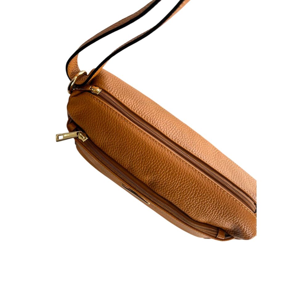 Crossbody Handbag by Baldinini Trend for women in cowhide brown & gold features an versatile silhouette, showcasing a secure zipper and versatile built-in-compartments & external-pockets with versatile crossbody-strap, shoulder-strap & adjustable-strap for a versatile finish.