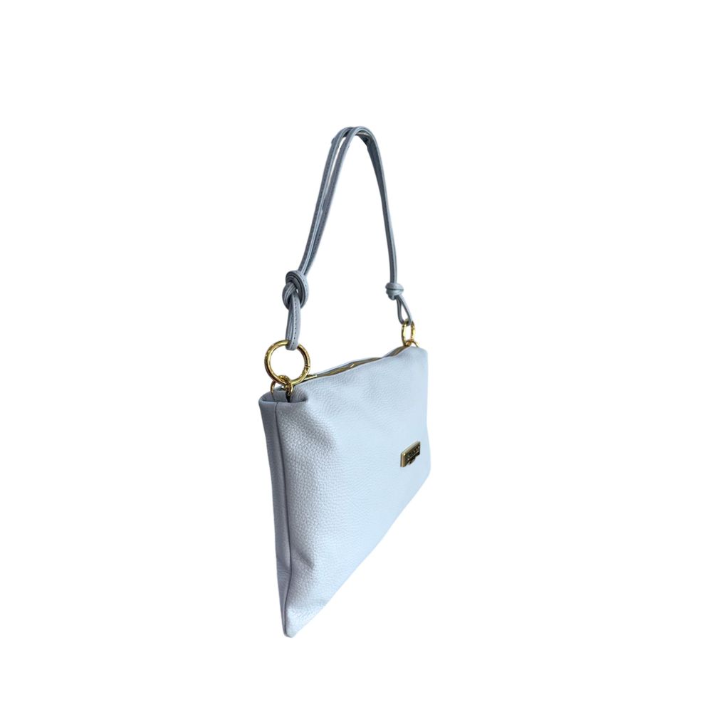 Shoulder Clutch Handbag by Baldinini Trend for women in cowhide blue & gold features a sculptural silhouette with a secure zipper, ample built-in-compartments, and versatile shoulder-strap for a sculptural finish.