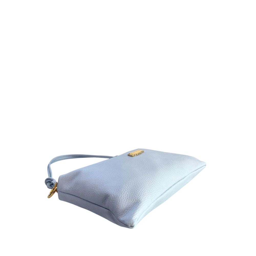 Shoulder Clutch Handbag by Baldinini Trend for women in cowhide blue & gold showcases a sculptural silhouette, featuring a secure zipper, ample built-in-compartments, and versatile shoulder-strap for a sculptural finish.